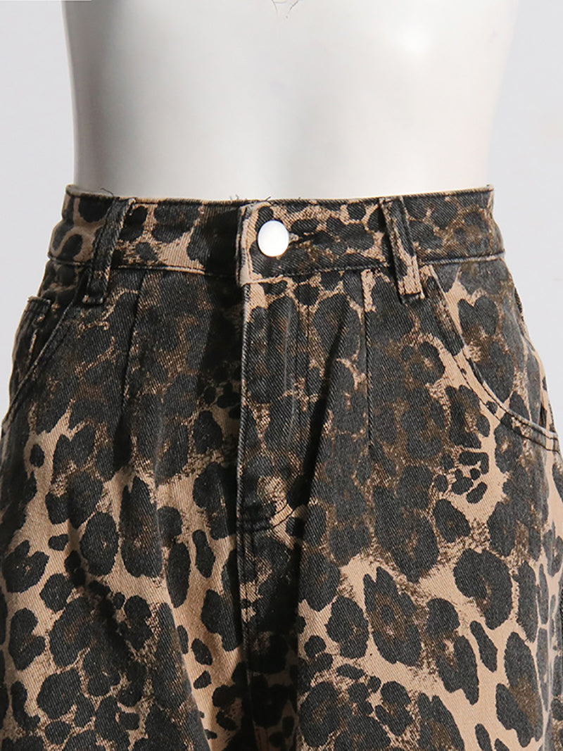 Fashion Leopard Print Ripped Straight Jeans