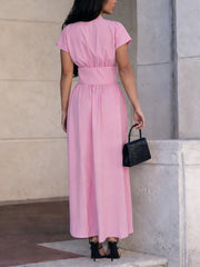V Neck Button Waist Midi Dress