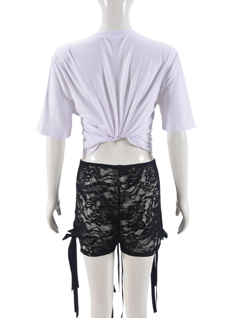 Print Bow T Shirt Lace See through Shorts Sexy Set