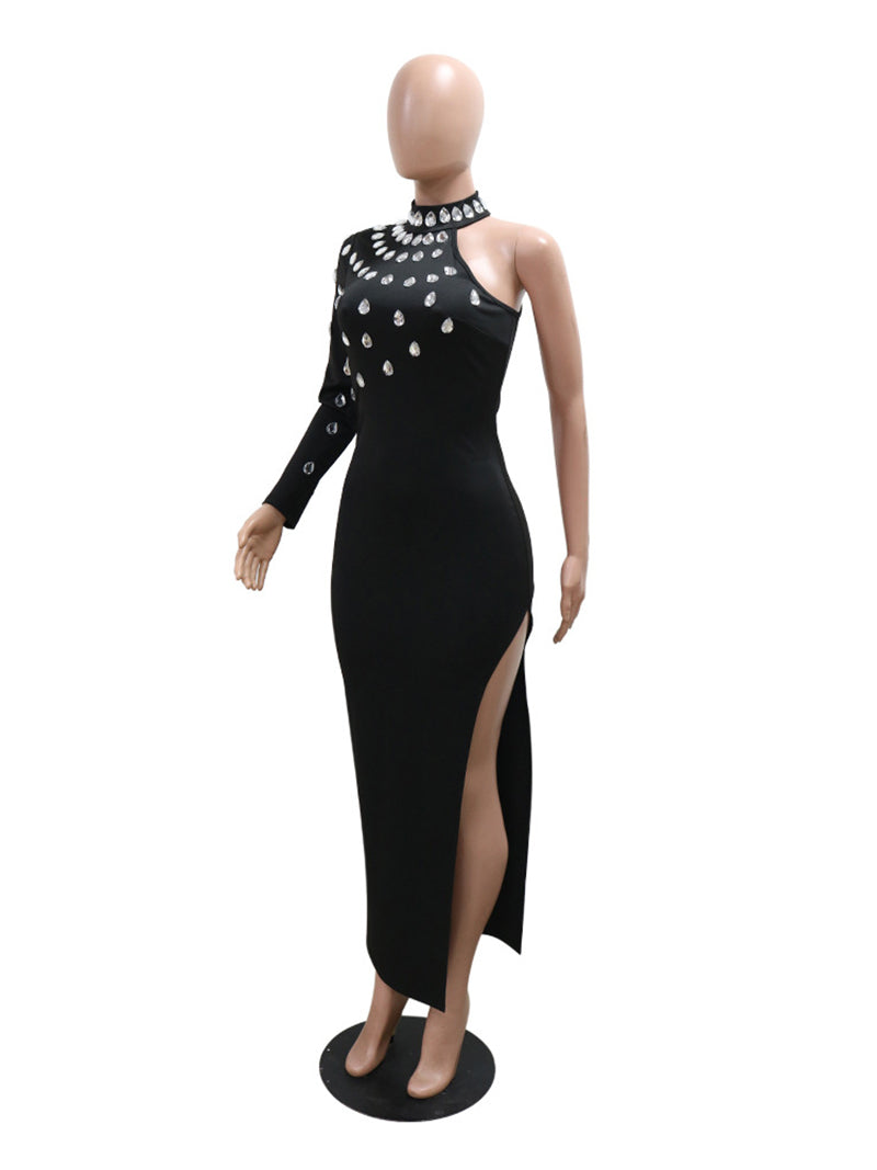 Round Neck Rhinestone High Slit Single Sleeve Dress