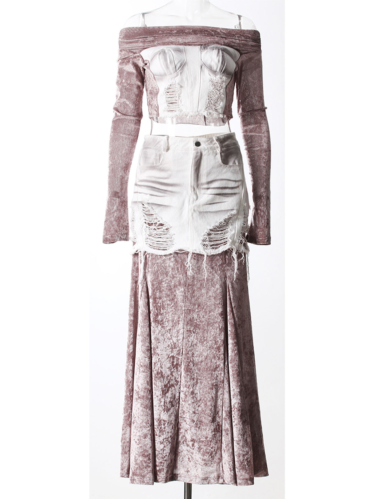 Fashion Mesh Off Shoulder Denim Patchwork Skirts Set