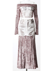 Fashion Mesh Off Shoulder Denim Patchwork Skirts Set
