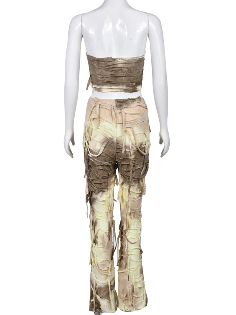 Tie-Dye Print Strapless Top and High-Waist Fringe Pants