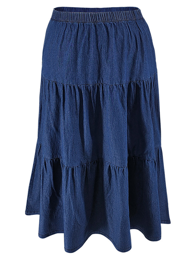 High Waist Ruffle Hem Maxi Denim Skirt