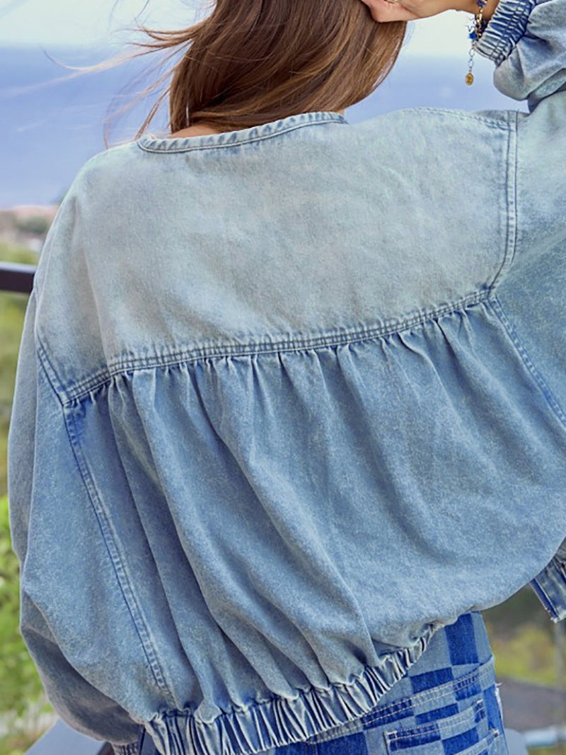 Casual Round Collar Loose Smocked Crop Denim Jacket