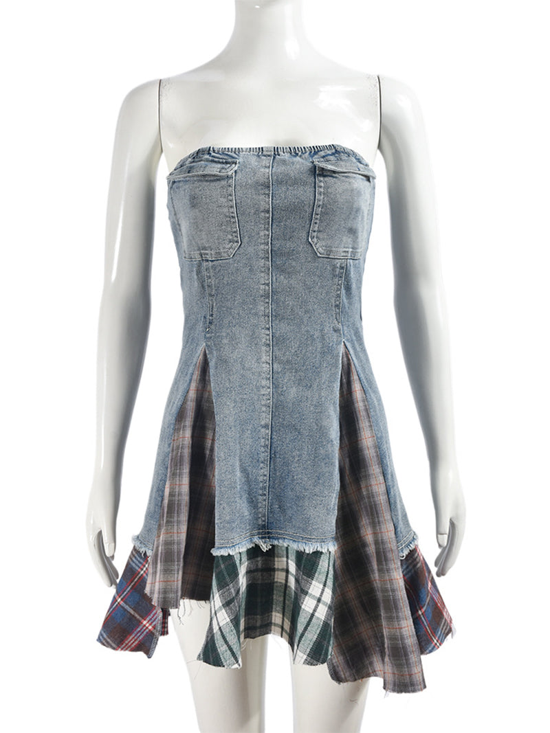 Fashion Strapless Plaids Patchwork Denim Dress