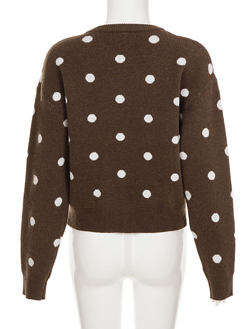 Fashion Round Neck Polka Dot Knit Cardigan Sweater