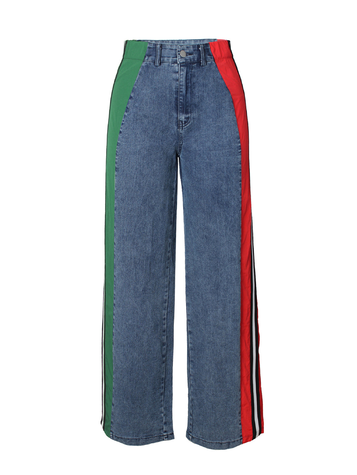 Two-Tone High Waist Striped Side Panels Straight Jeans