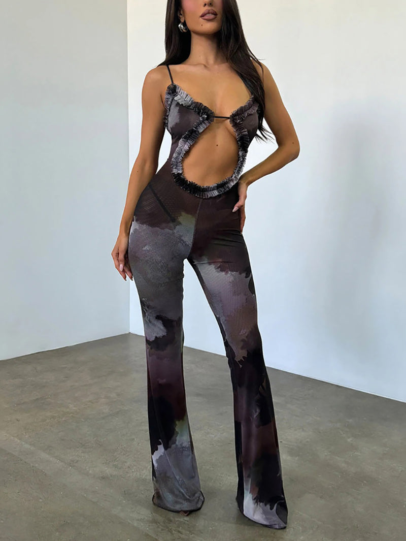 Print Spaghetti Straps V Neck Sleeveless Jumpsuit