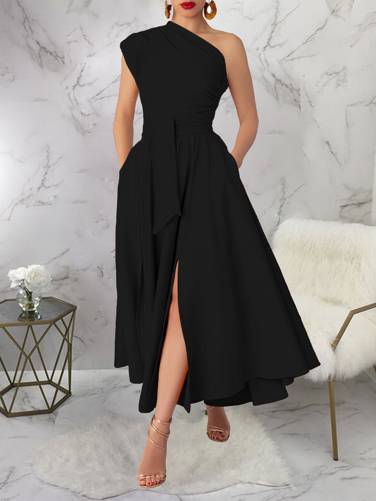 Elegant One Shoulder Pleated Party Maxi Split Dress