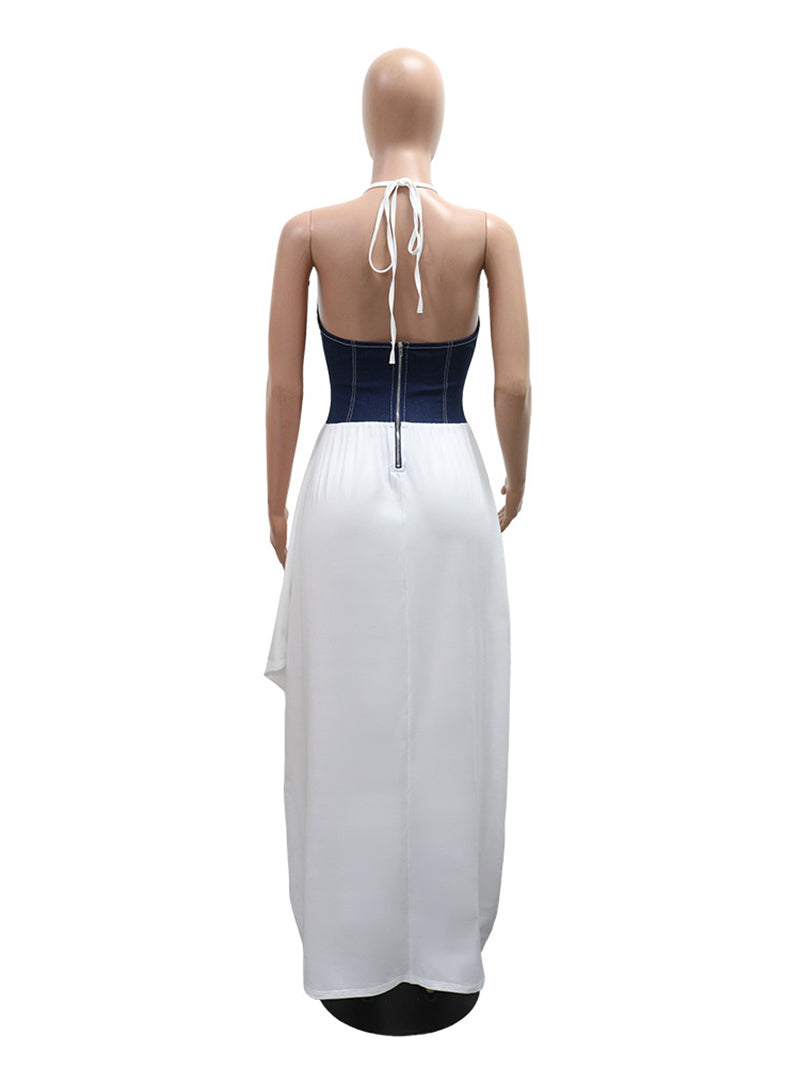 Sexy Deep V Denim Patchwork Cinched Waist Maxi Dress