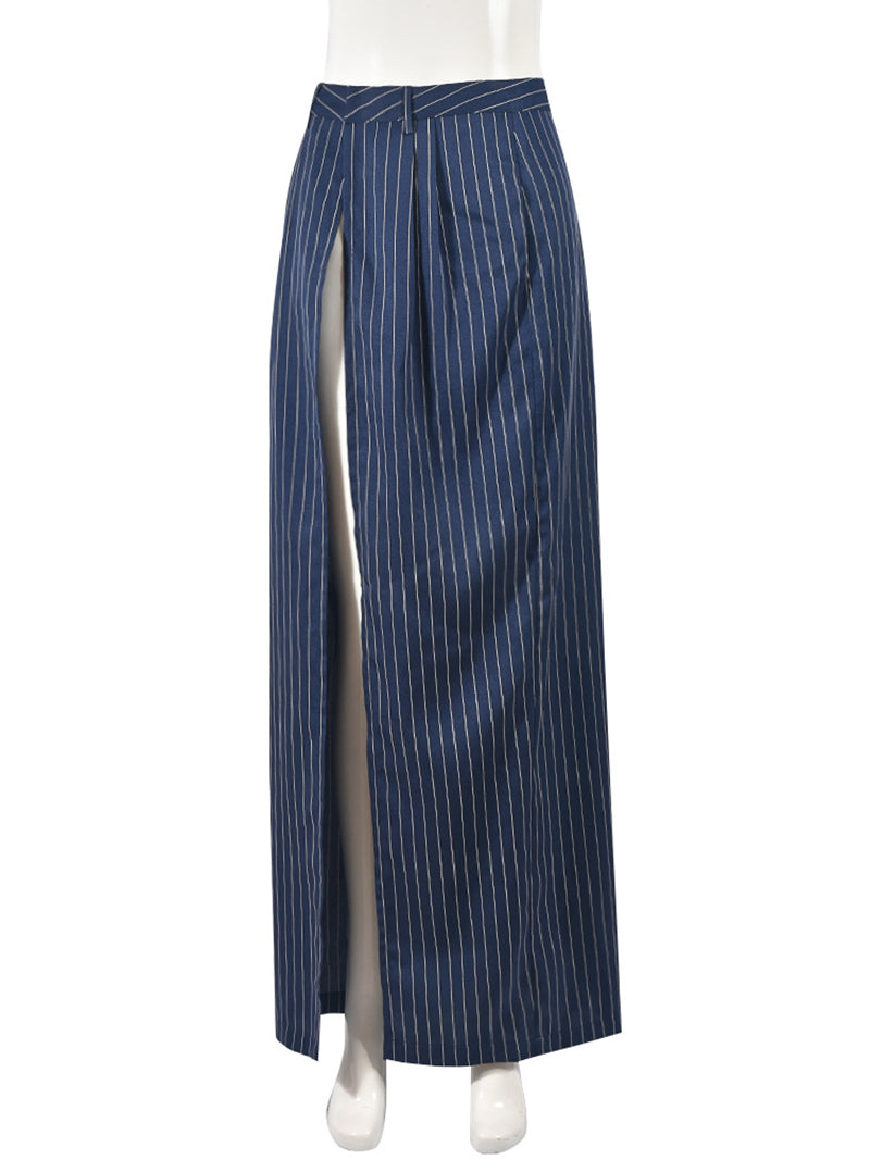 Striped Back Waist Side Silt Cotton Maxi Skirt