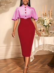 Color Block Patchwork Ruffles Sleeve Bodycon Midi Dress