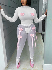 O Neck Long Sleeve Bow Decor See-Through Two Pieces