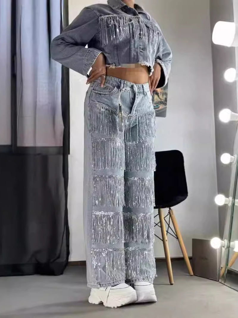 Fancy Metallic Fringe Straight Leg Jeans