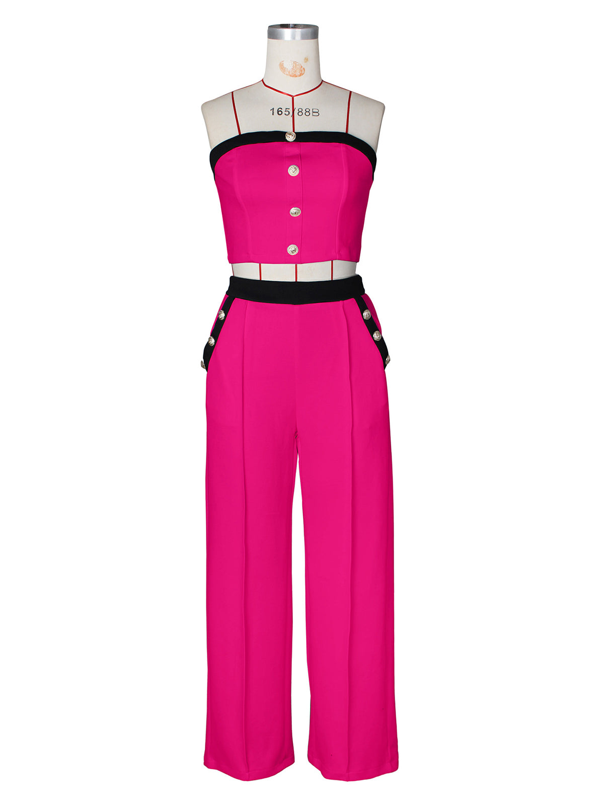 Sexy Color Block Decorative Button Straight Pants Set