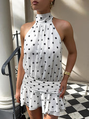 Sexy Polka Dot Print Halter Lace-up Backless Mini Dress