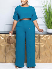 Plain Cropped Buckle Wide Leg Pant Sets