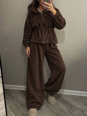 Ruched Waist Velvet Zip Hoodie and Pants Set