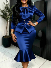 Bow Cinched Waist Slim Blazer And Fishtail Skirt Gown Set