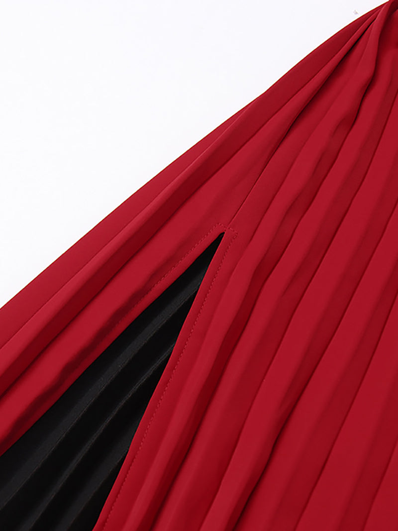 Boutique Oblique Shoulder High Slit Pleated Maxi Dress