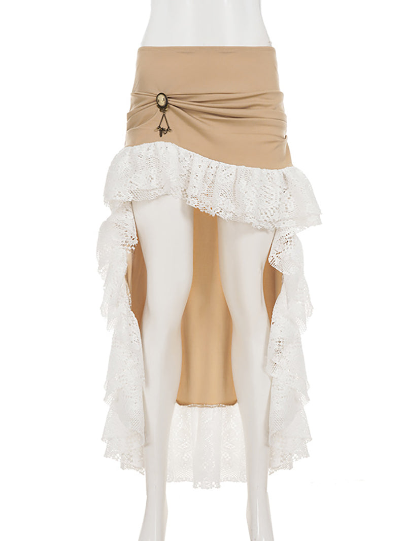Vintage Print Lace Patchwork Tube Top Knit Skirt Sets