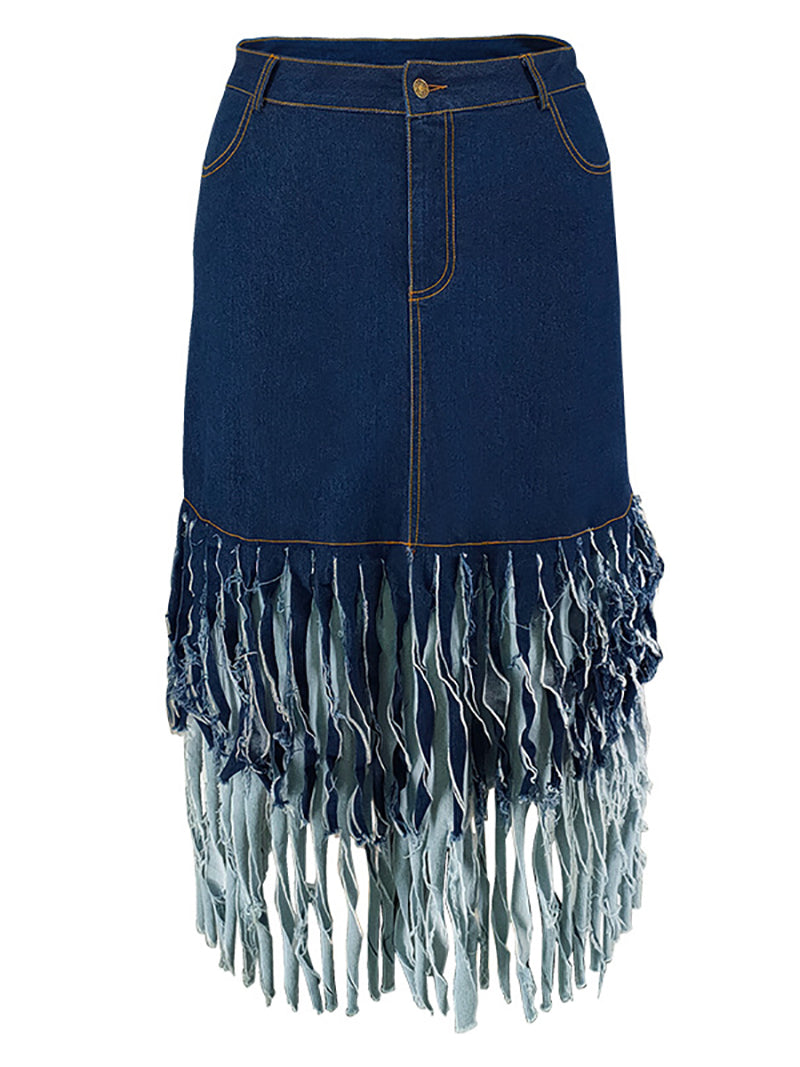 Plus Size Layered Tassel Trim Denim Skirt