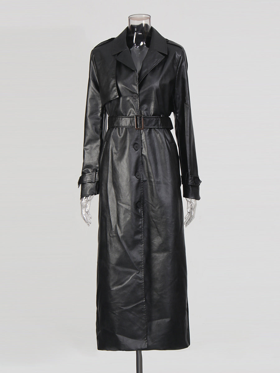 Vintage Belt PU Leather Trench Coat