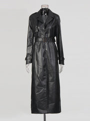 Vintage Belt PU Leather Trench Coat