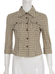 Casual Plaid Print Cinched Waist Button-Up Shirt Top