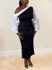 Sloping Shoulder Lantern Sleeve Mid Dress