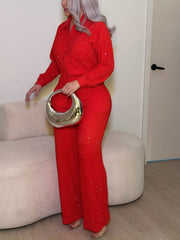 Rhinestone Pleated Shirt and Wide Leg Pants Set