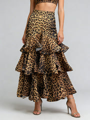Elegant Leopard Print Tiered ruffles Maxi Skirt