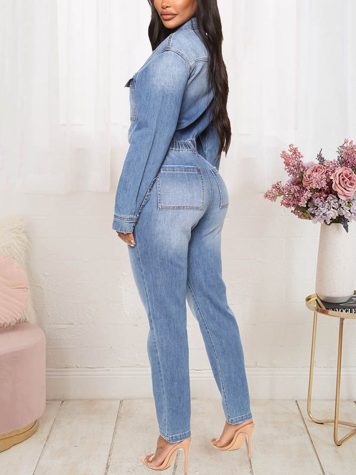 Fashion Single Breasted Solid Denim Jumpsuits