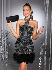 Rhinestone Choker Feather Trim Mini Dress