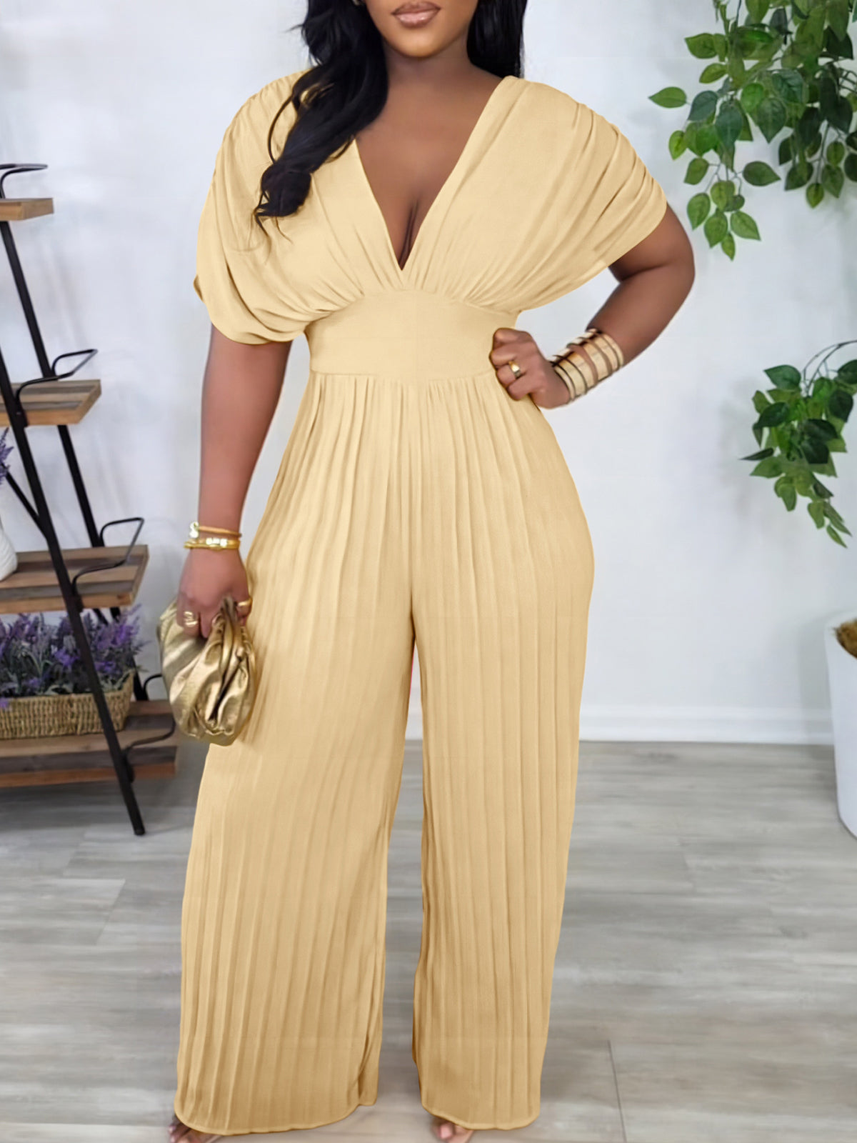 Solid Color V-Neck Pleated Wide Leg Jumpsuit