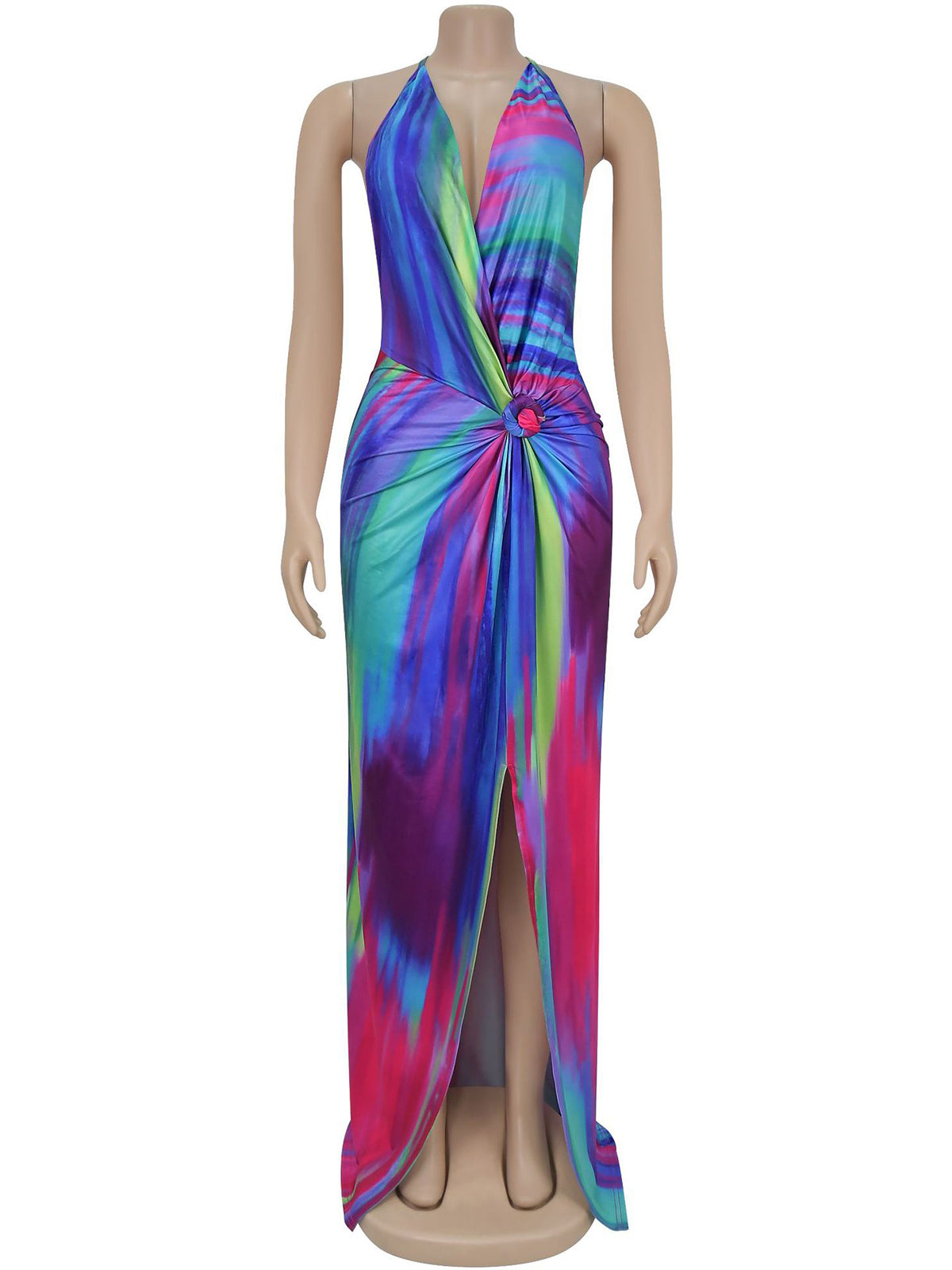 Sexy Halter Backless Gradient Color Ruched Maxi Dress