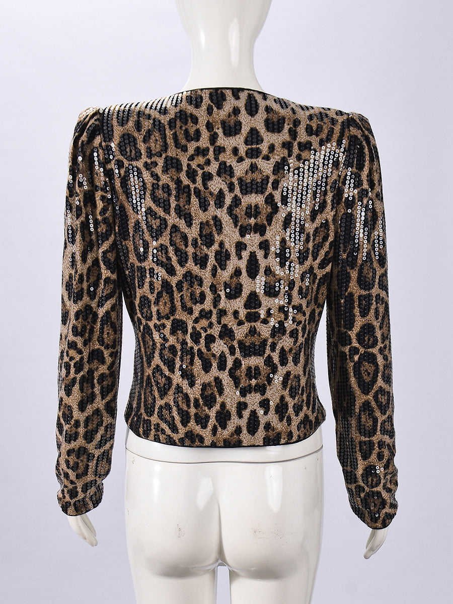 Elegant Leopard Print Sequin Cardigan Jacket