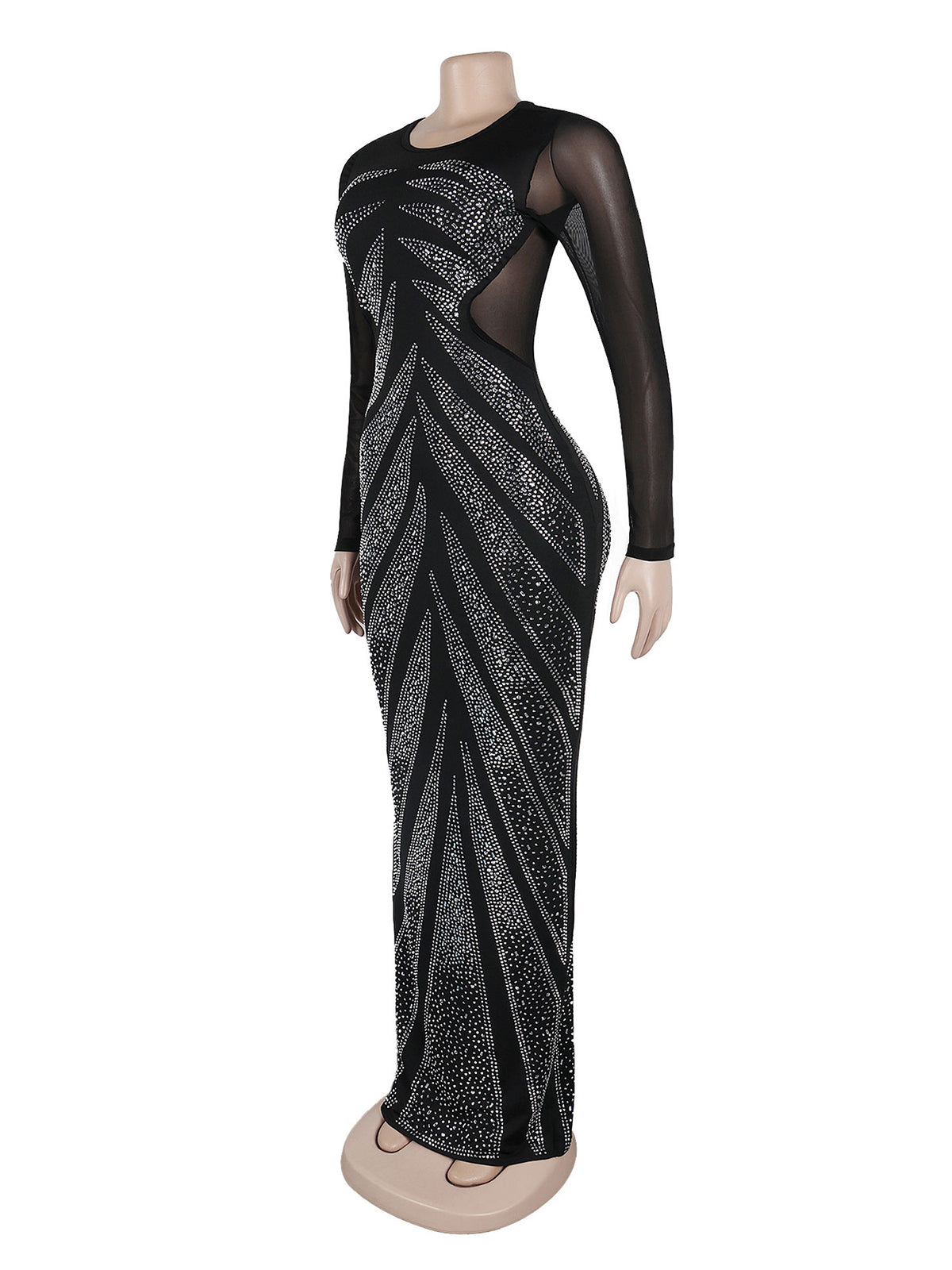 Rhinestone Mesh See Through Nightclub Party Maxi Dress