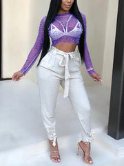 Fashion Beaded Mesh See Through Clubwear Crop Top