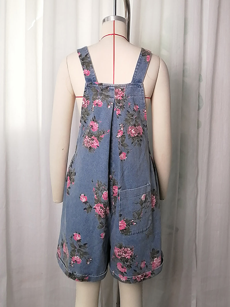 Casual Wide-Leg Floral Print Denim Overalls Shorts
