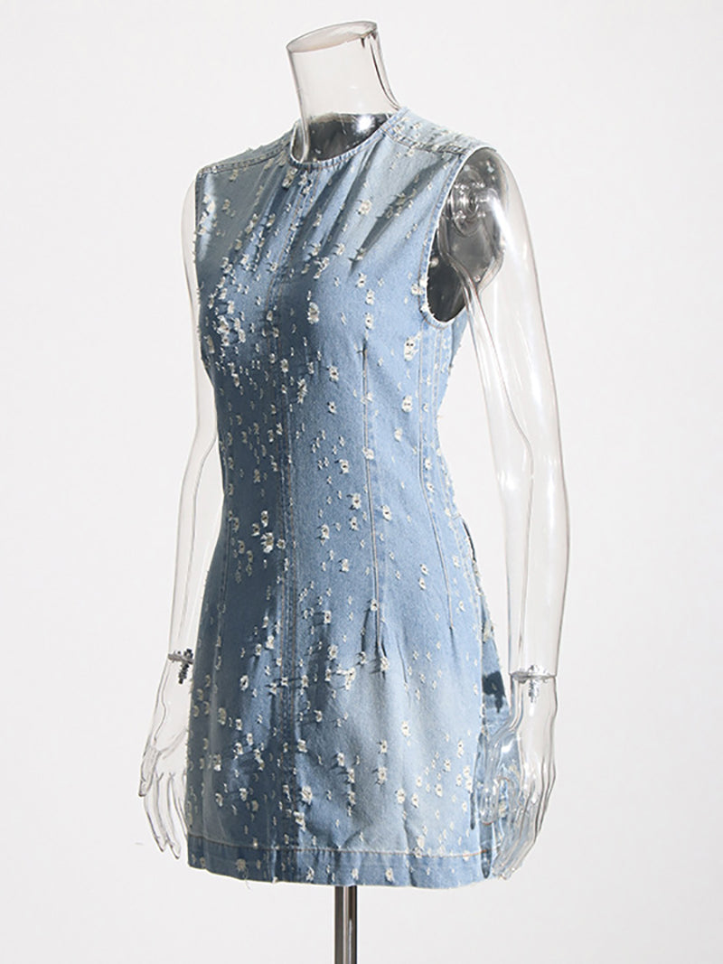 Casual Round Neck Sleeveless Frayed Mini Denim Dress