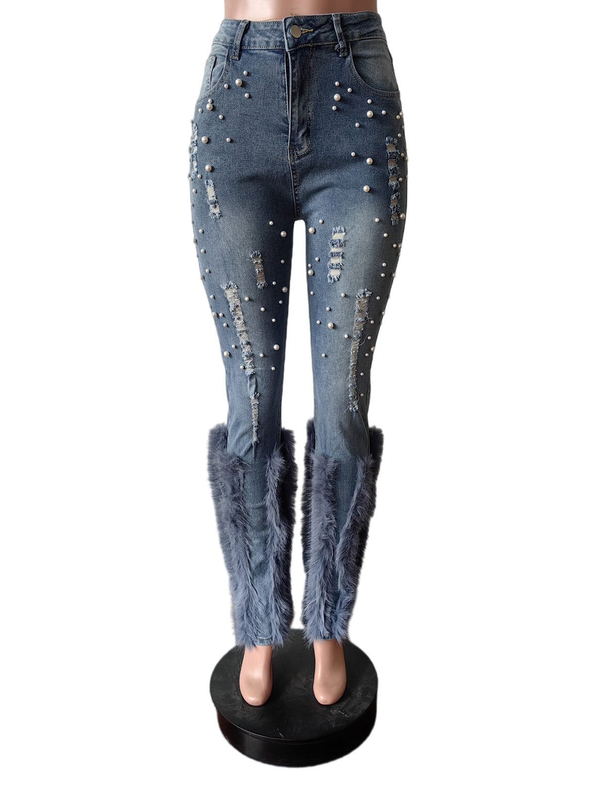 High Waist Slim Fit Feather Denim Ripped Jeans