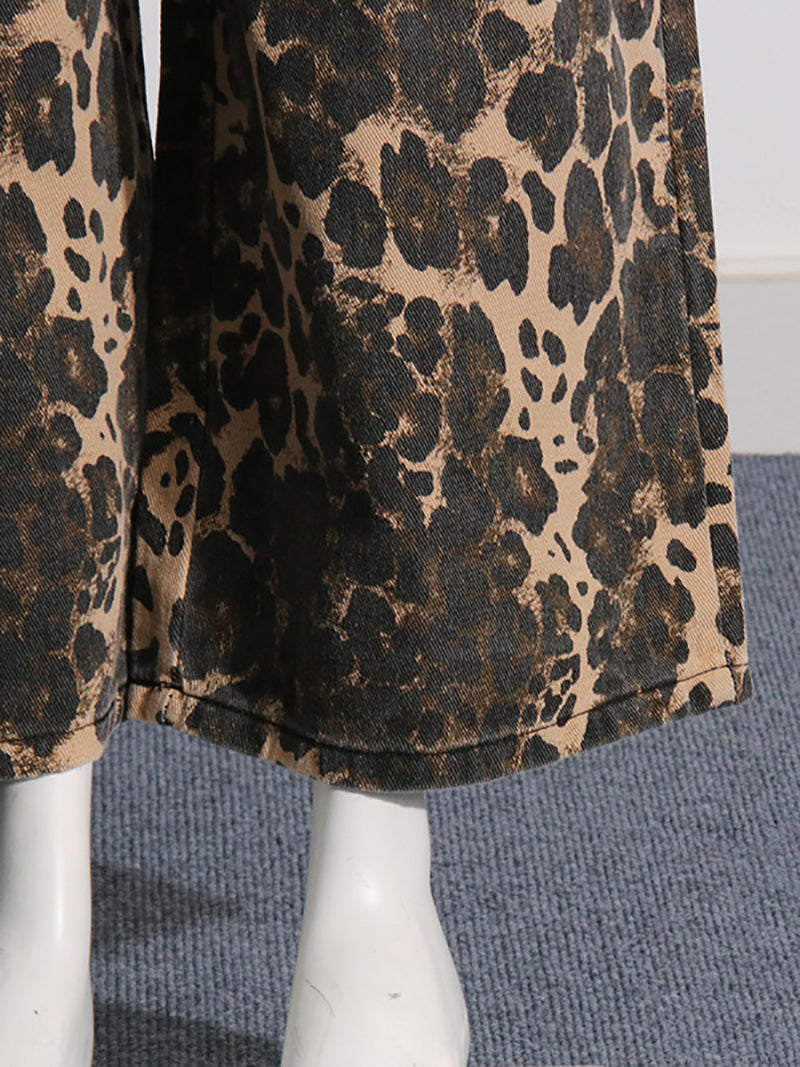 Fashion Leopard Print Ripped Straight Jeans