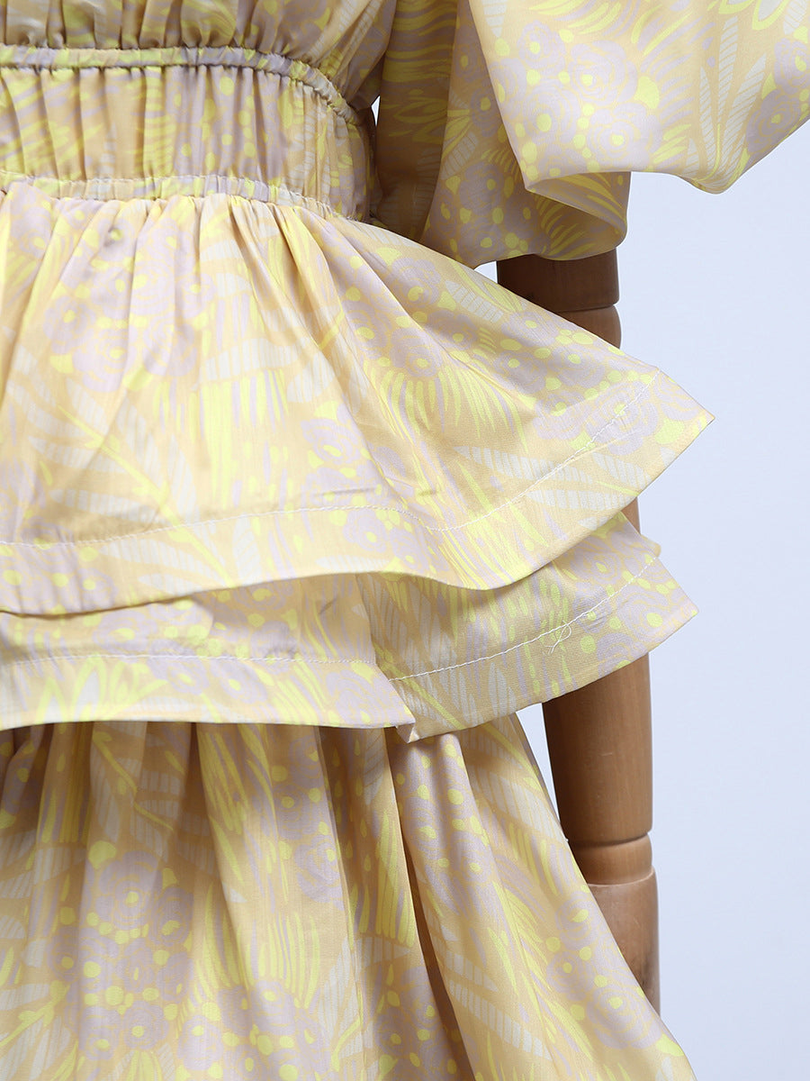 Elegant Jacquard Tiered Puff-Sleeve Maxi Dress