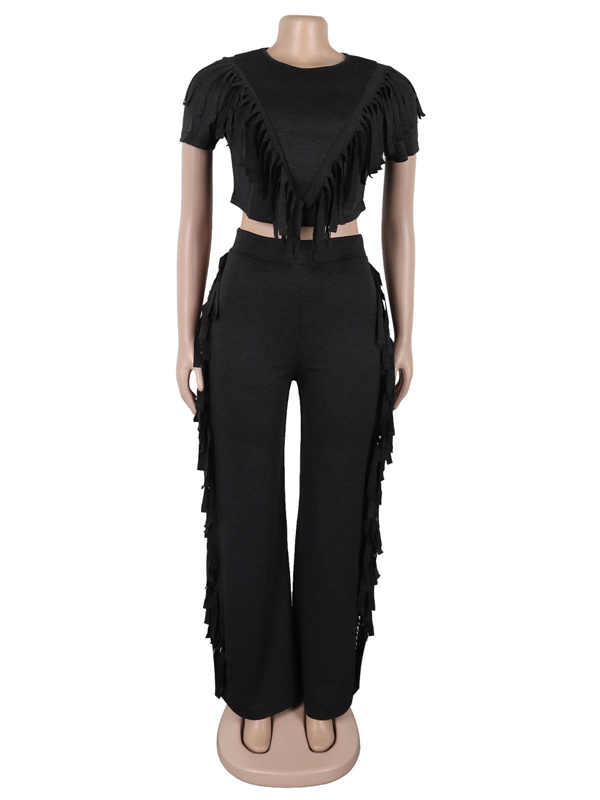 Fringe Crop Top Elastic Pants Casual Two Piece Sets