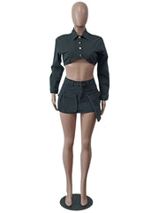 Sexy Cropped Denim Jacket And Skirt Casual Set