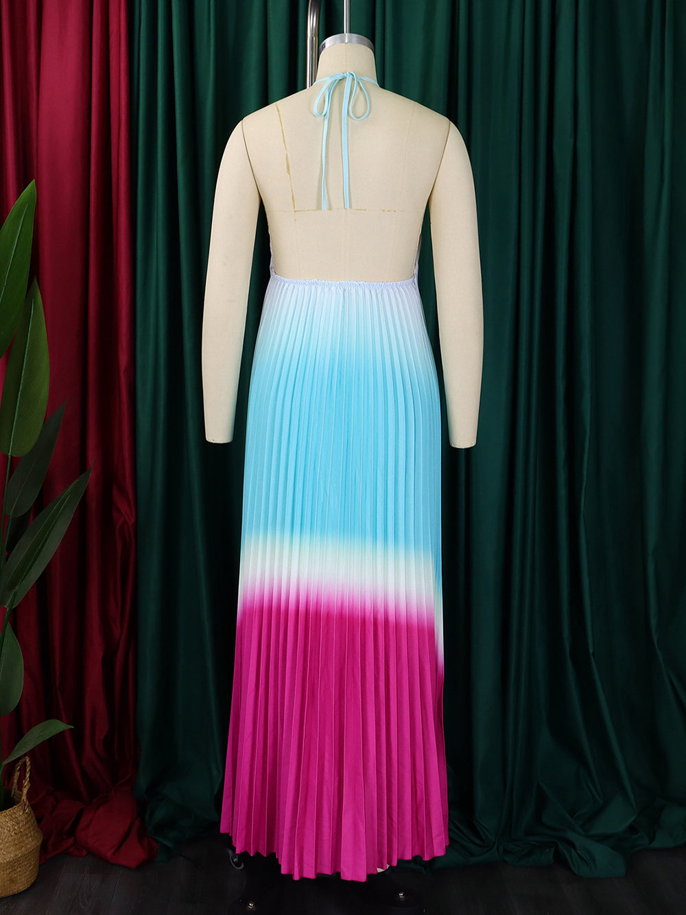 Sexy Gradient Color Halter Pleated Loose Dress