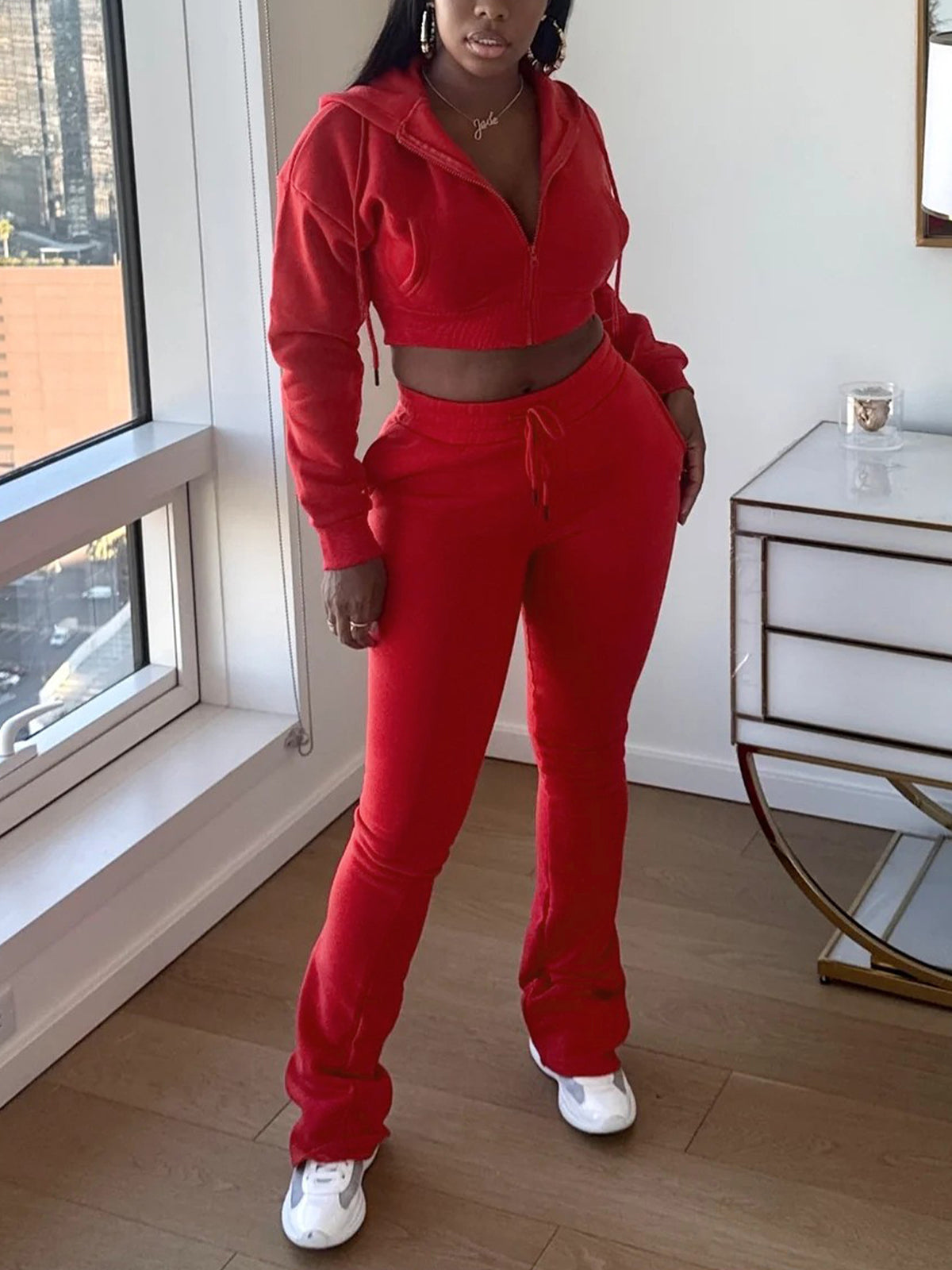 Casual Zipper Crop Hoodie and Pants Sports Sets