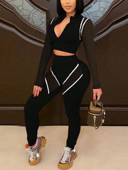 Casual Zipper Crop Top Tight Pants Sports Two Pieces